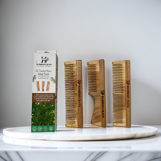 Authentic Neem Wood Comb Combo – Lily Single, Dual Teeth & Handle (Pack of 3)